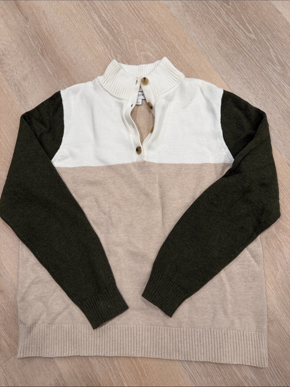 J. Crew Factory 100% cotton Colorblock Sweater in White, Khaki & Olive Green